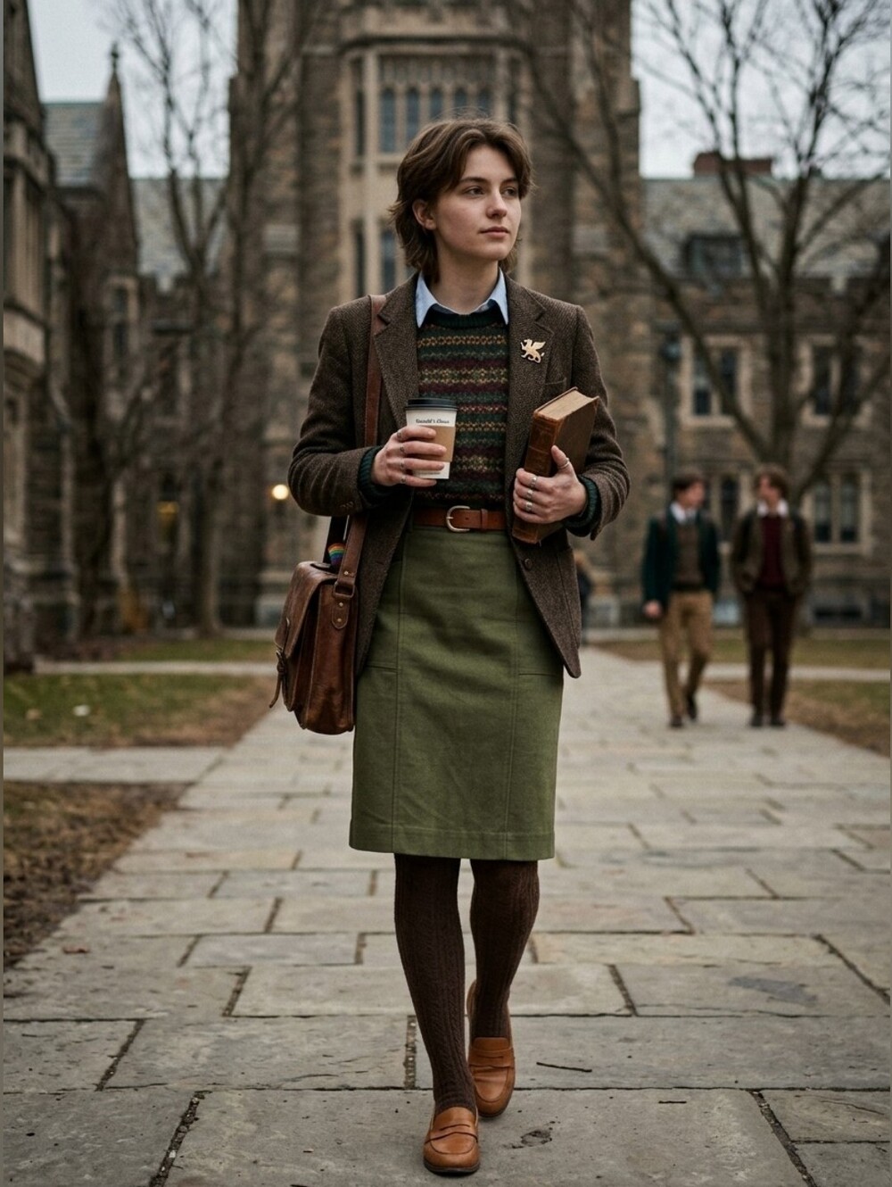 Dark Academia Olive Green Pencil Skirt - Tailored Panel Design
